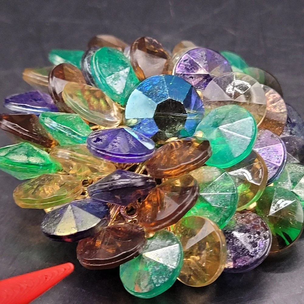 Vintage Brooch Brown Green Purple‎ Gold Tone Back